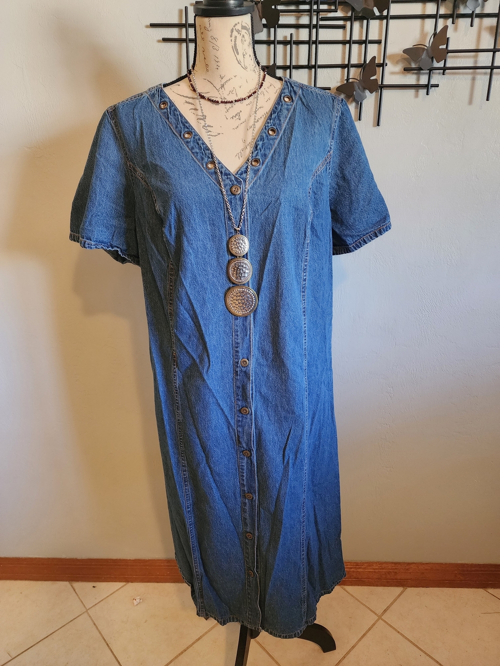 Phases Vintage Denim Midi Dress with V-Neck And Grommet Detail